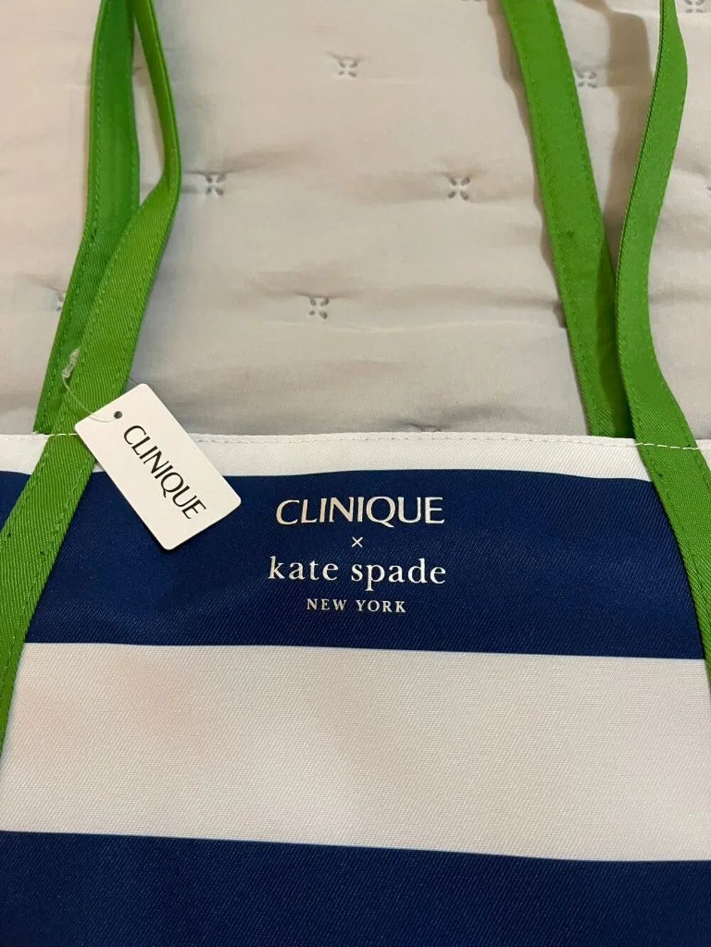 NWT Clinique x Kate Spade New York Navy White Stripe Green Handle Tote Bag